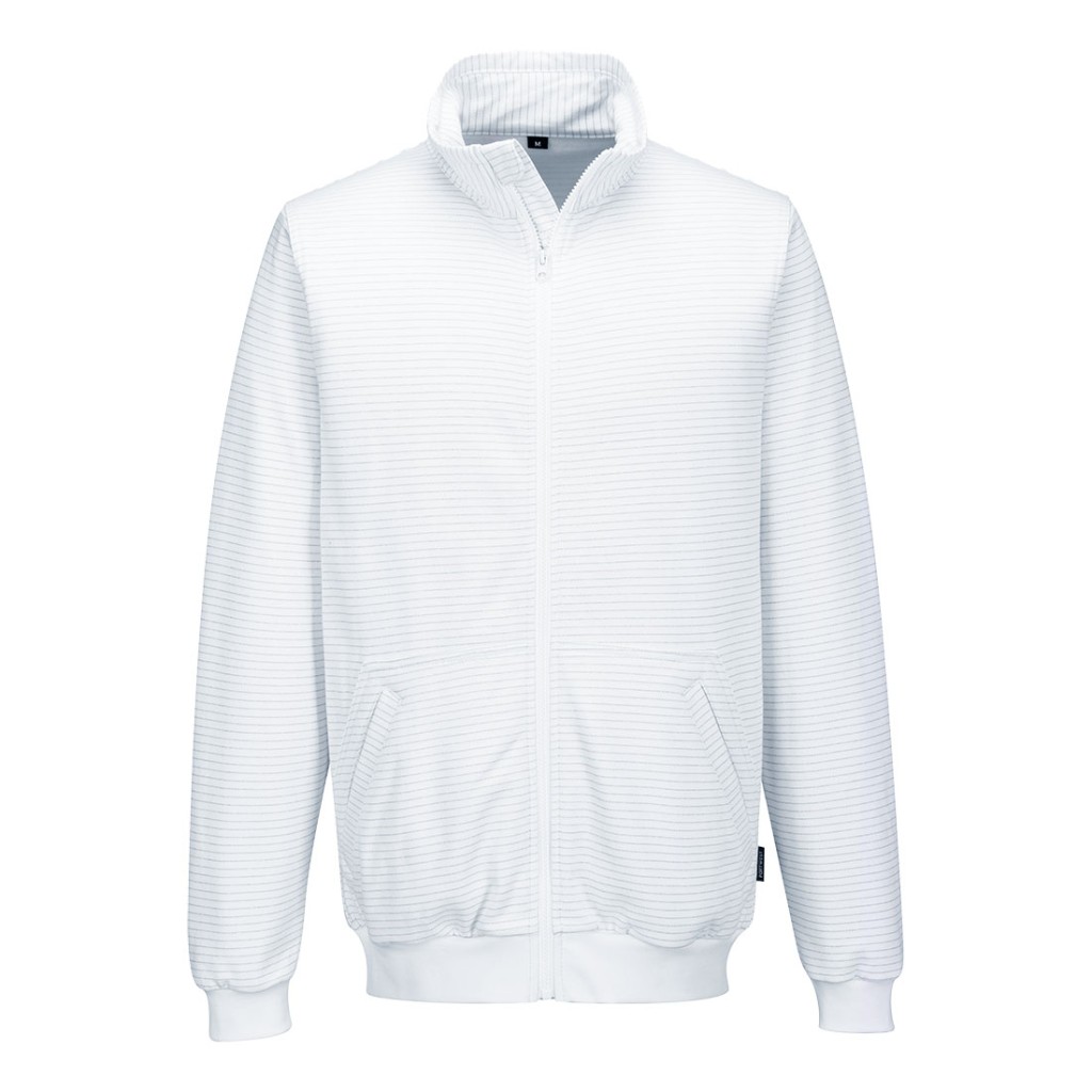 A white work shirt featuring a full-length zip front, anti-static properties, suitable for a wide range of outdoor and site work applications.