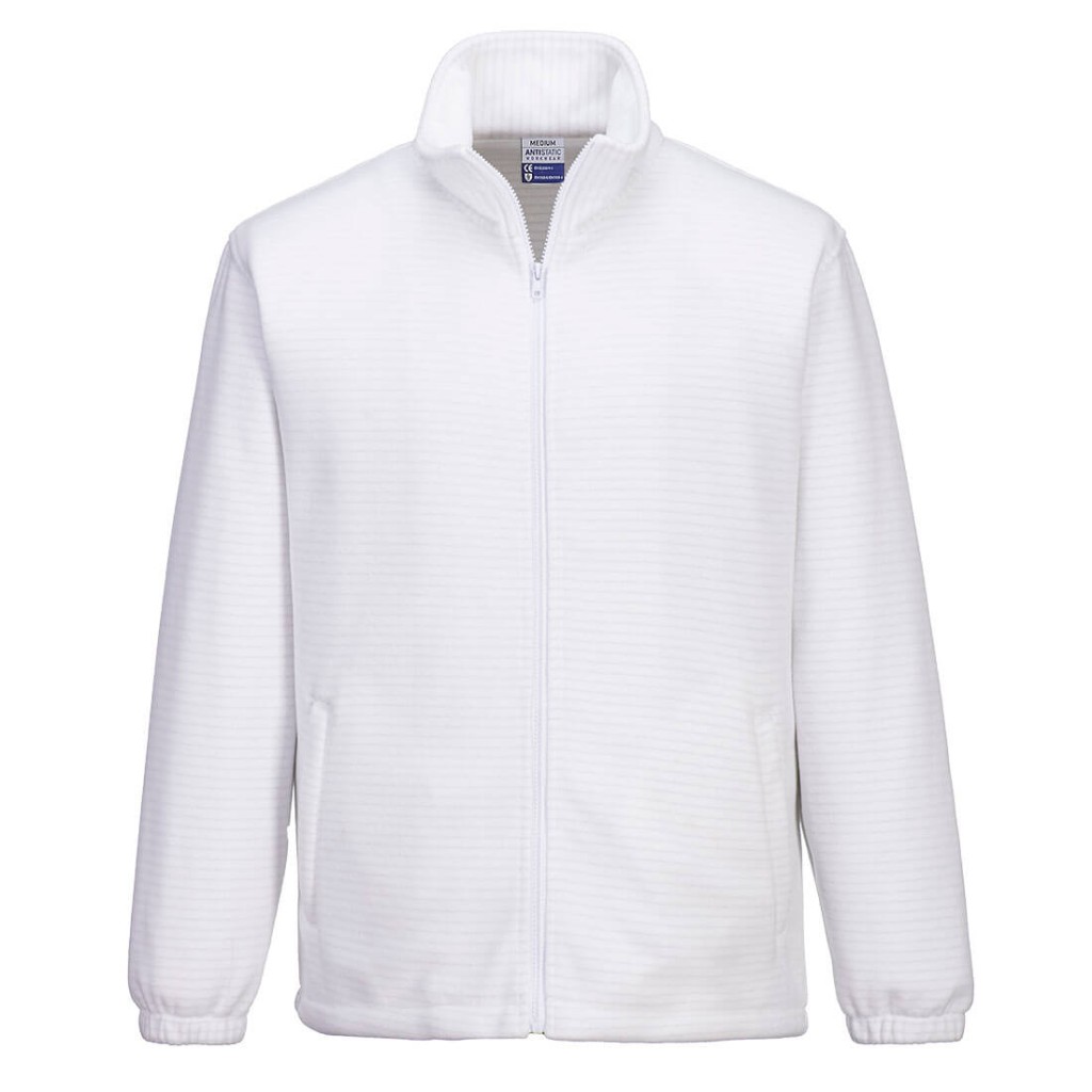 A white workwear garment featuring anti-static properties, suitable for a wide range of outdoor and site work applications.