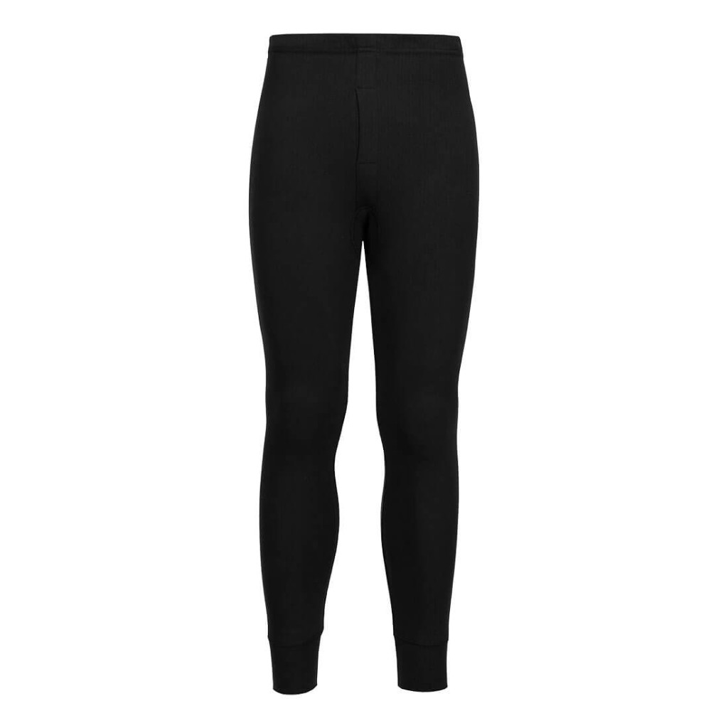 A pair of black work trousers featuring a warm thermal lining, suitable for a wide range of outdoor and site work applications.