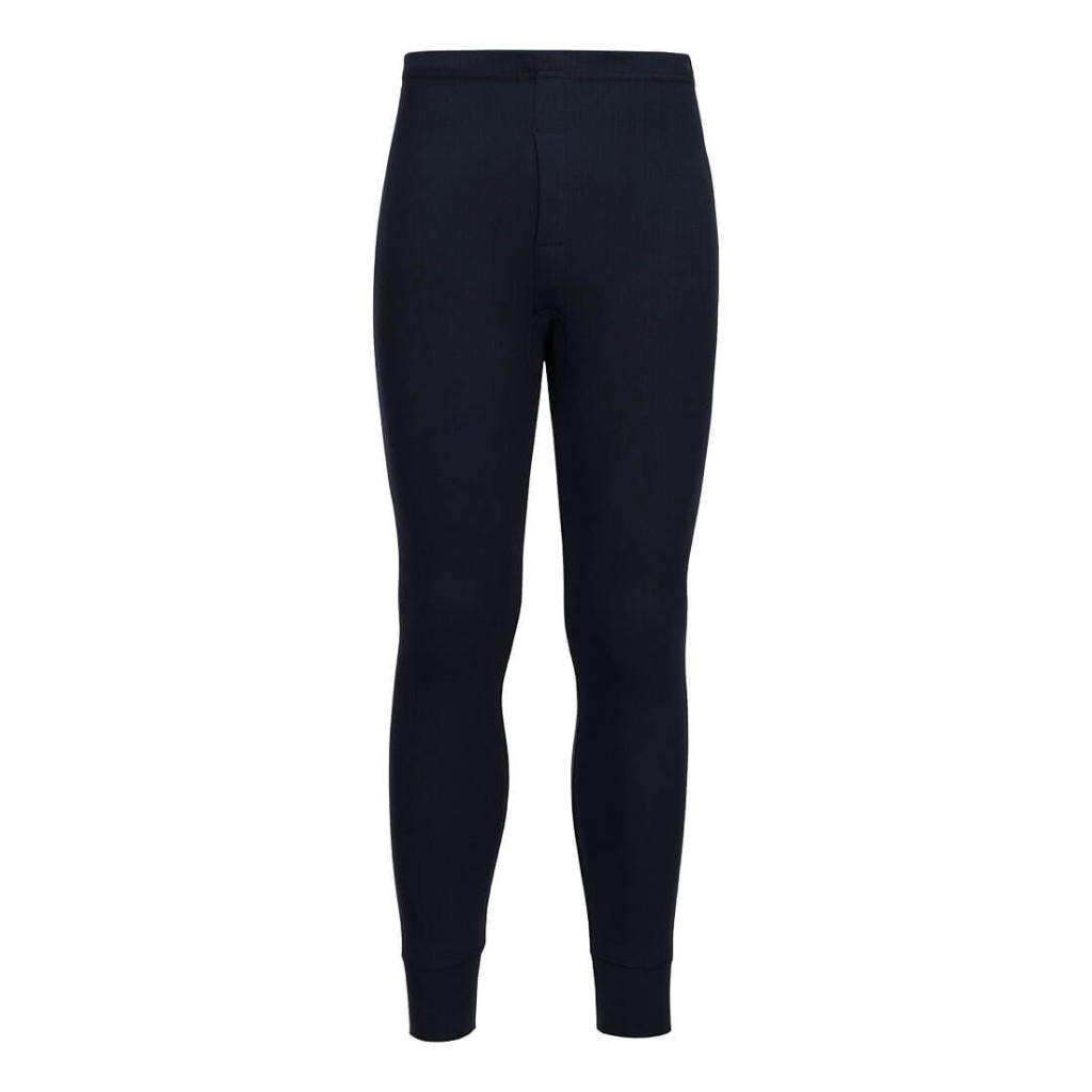 A pair of navy blue work trousers featuring a warm thermal lining, suitable for a wide range of outdoor and site work applications.
