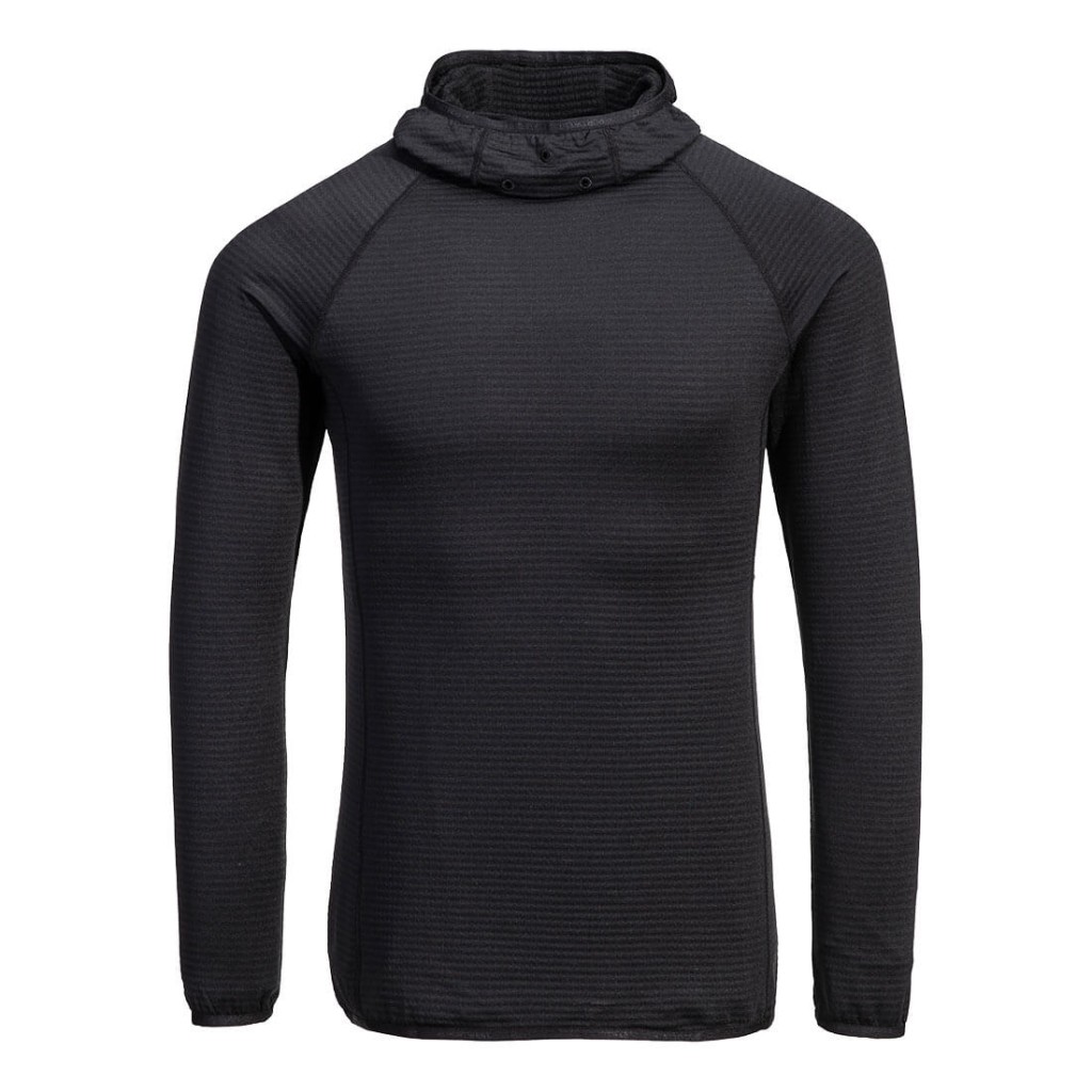 A black workwear garment designed for use on construction sites and in industrial work environments.,