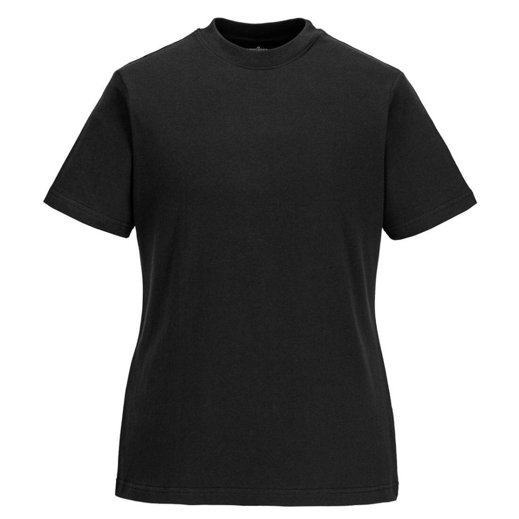 A women's black work shirt designed for use on construction sites and in industrial work environments.,