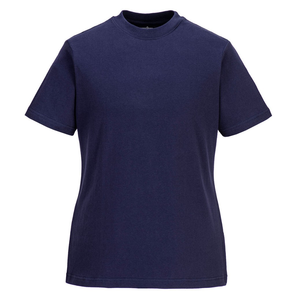 A women's navy blue work shirt designed for use on construction sites and in industrial work environments.,