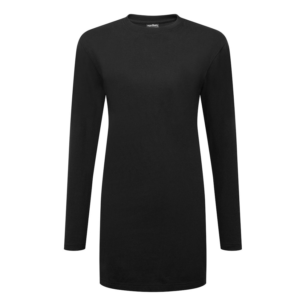 A women's black work shirt designed for use on construction sites and in industrial work environments.,
