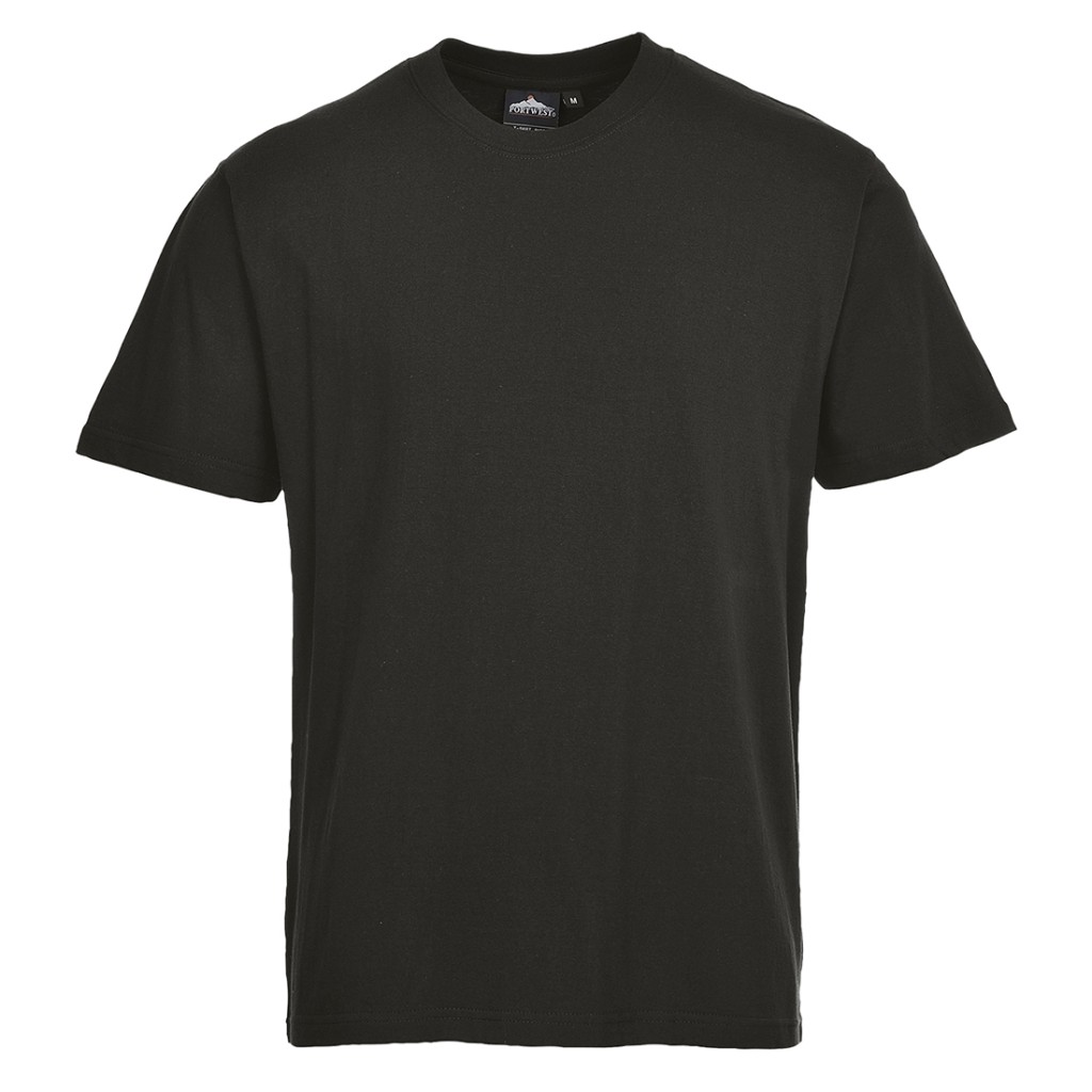 A black work shirt designed for use on construction sites and in industrial work environments.,