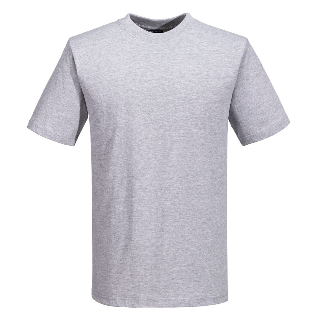 A grey work shirt designed for use on construction sites and in industrial work environments.,