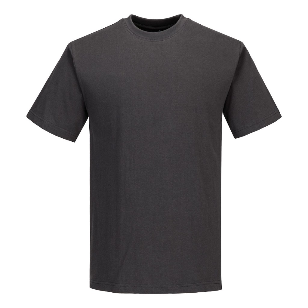 A grey work shirt designed for use on construction sites and in industrial work environments.,