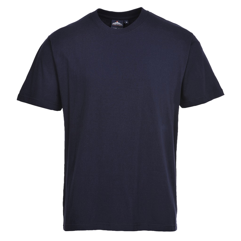 A navy blue work shirt designed for use on construction sites and in industrial work environments.,