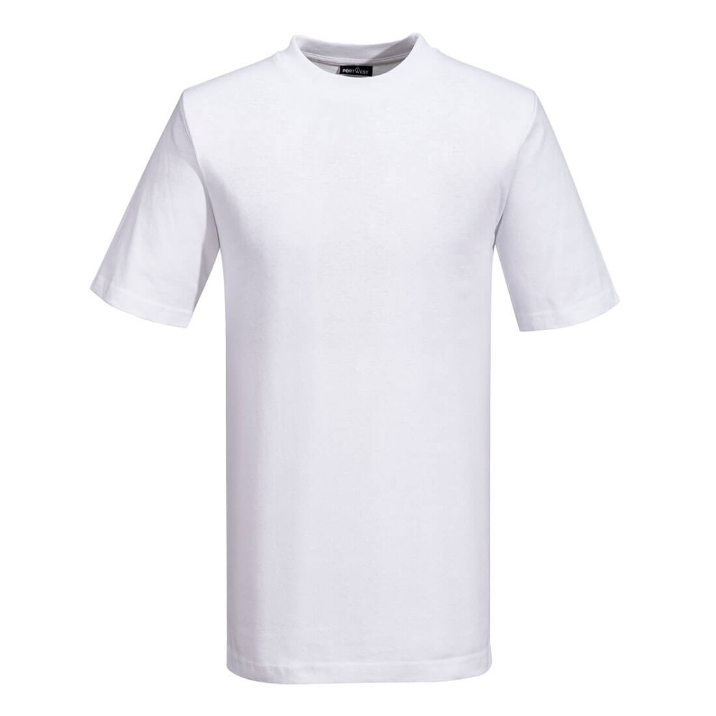 A white work shirt designed for use on construction sites and in industrial work environments.,