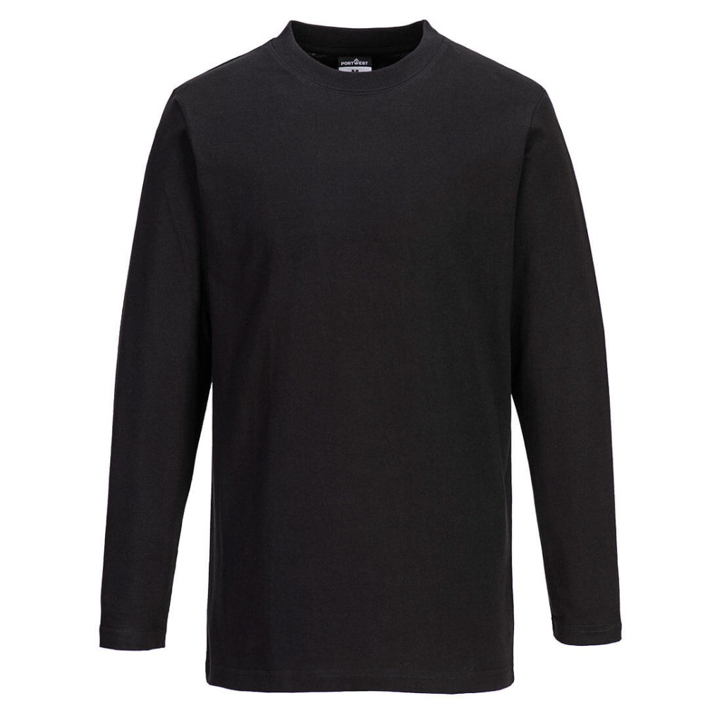 A black work shirt designed for use on construction sites and in industrial work environments.,