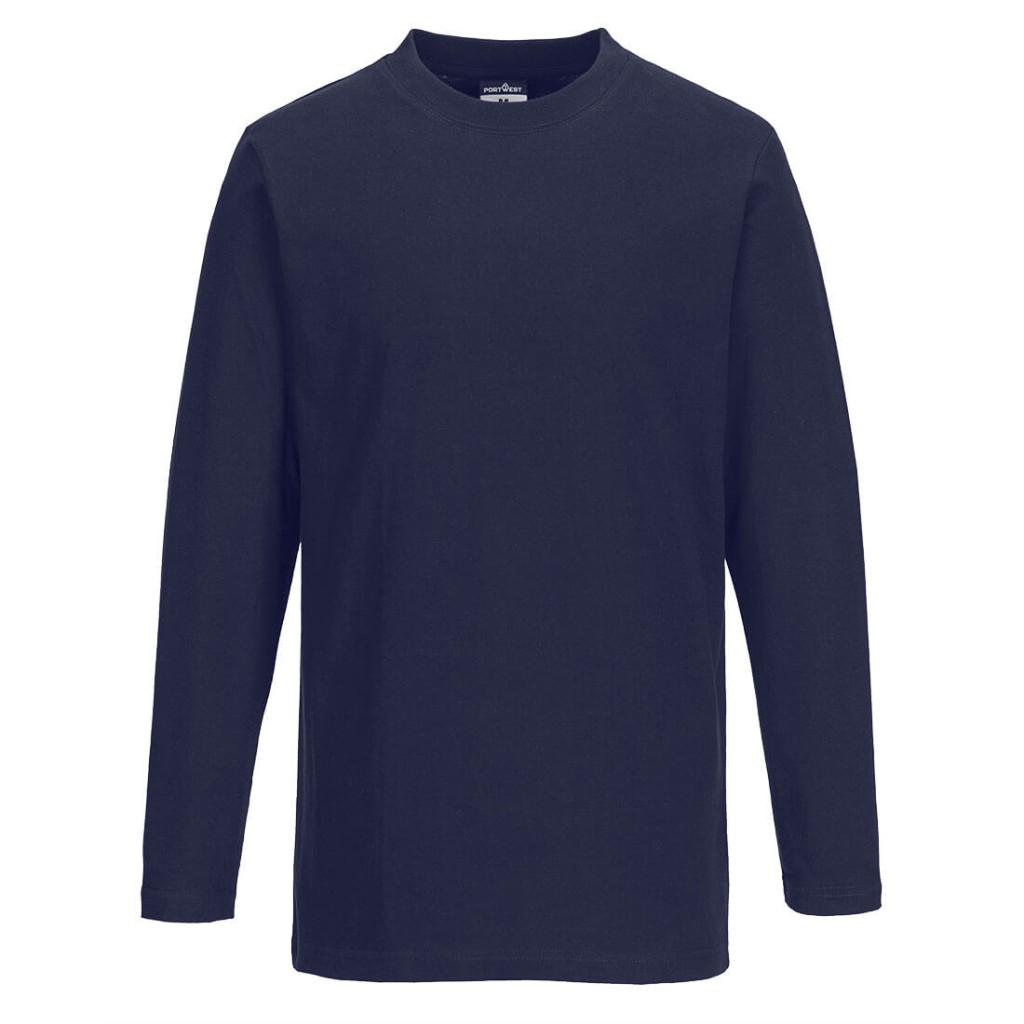 A navy blue work shirt designed for use on construction sites and in industrial work environments.,