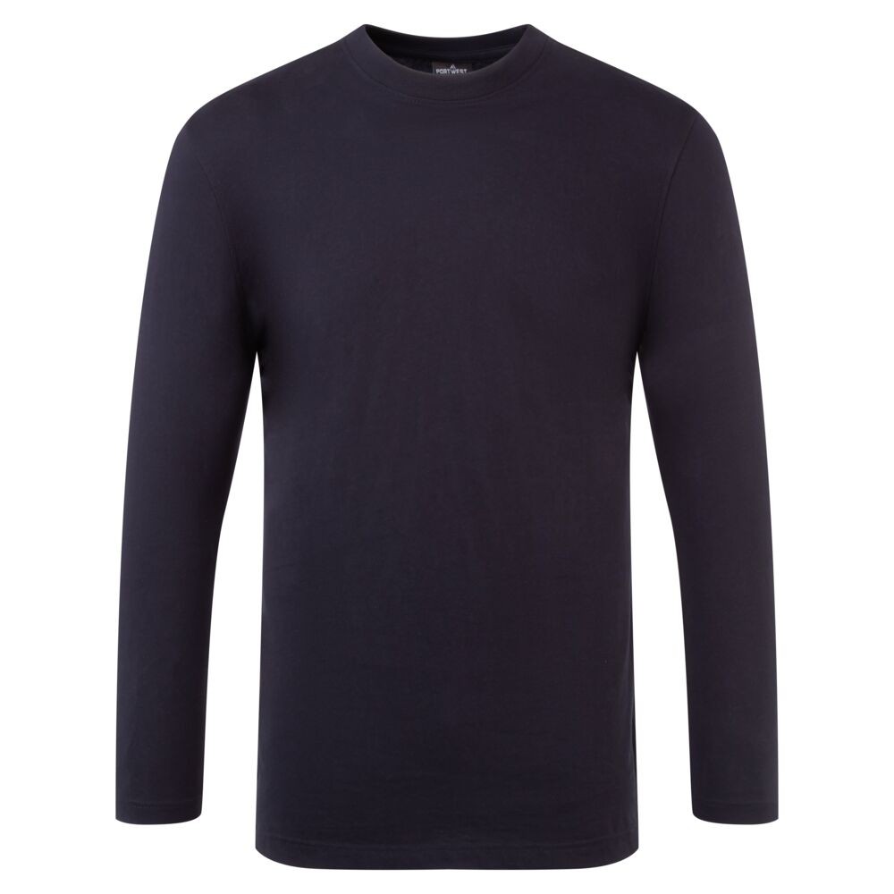 A navy blue work shirt designed for use on construction sites and in industrial work environments.,