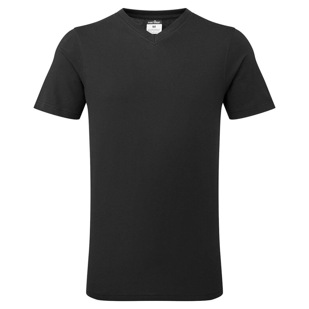 A black work shirt designed for use on construction sites and in industrial work environments.,