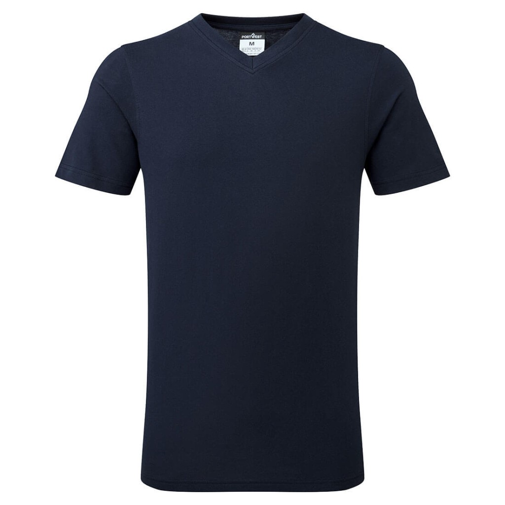 A navy blue work shirt designed for use on construction sites and in industrial work environments.,