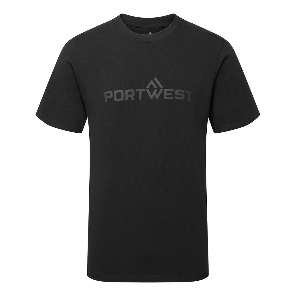 A black work shirt designed for use on construction sites and in industrial work environments.,