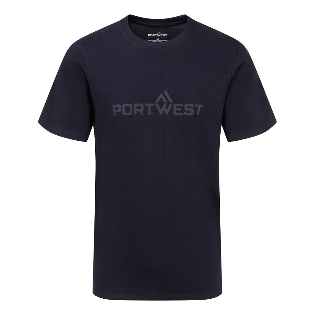 A navy blue work shirt designed for use on construction sites and in industrial work environments.,