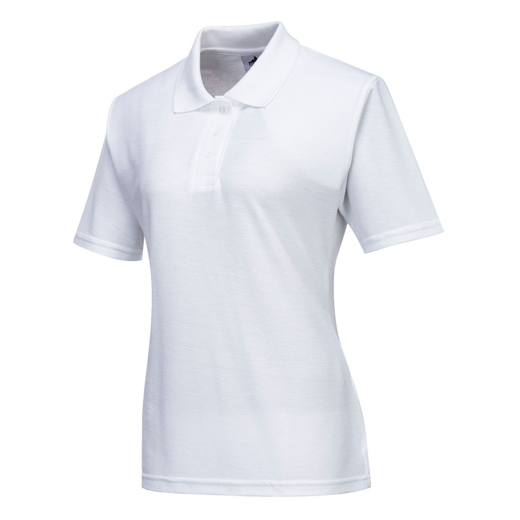 A women's white polo shirt designed for use on construction sites and in industrial work environments.,