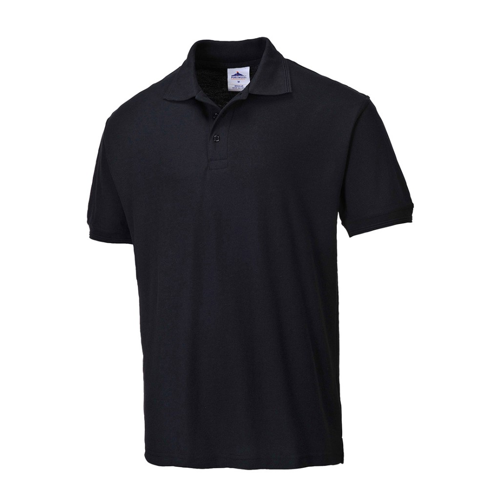 A black polo shirt designed for use on construction sites and in industrial work environments.,