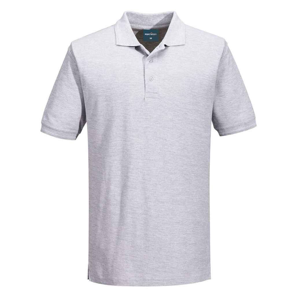 A grey polo shirt designed for use on construction sites and in industrial work environments.,