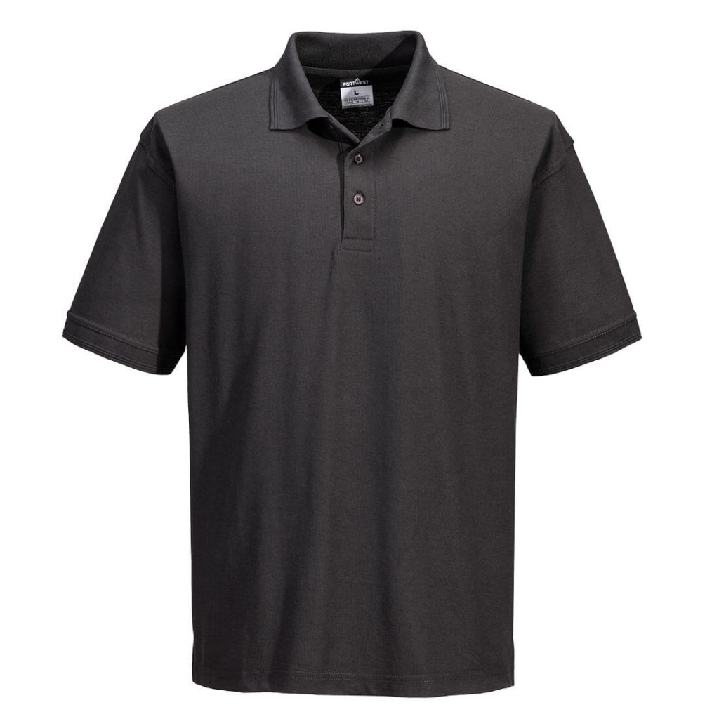 A grey polo shirt designed for use on construction sites and in industrial work environments.,
