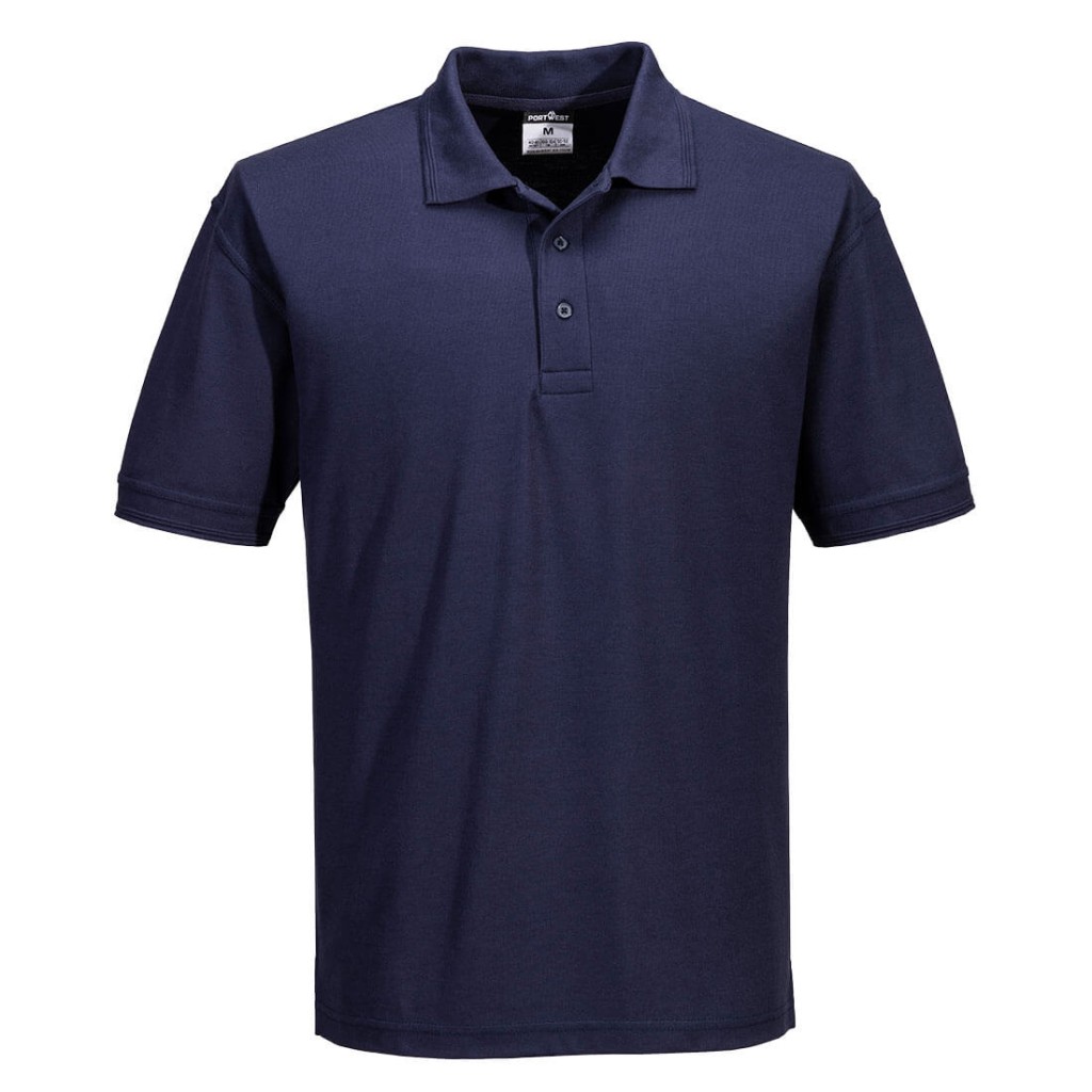A navy blue polo shirt designed for use on construction sites and in industrial work environments.,
