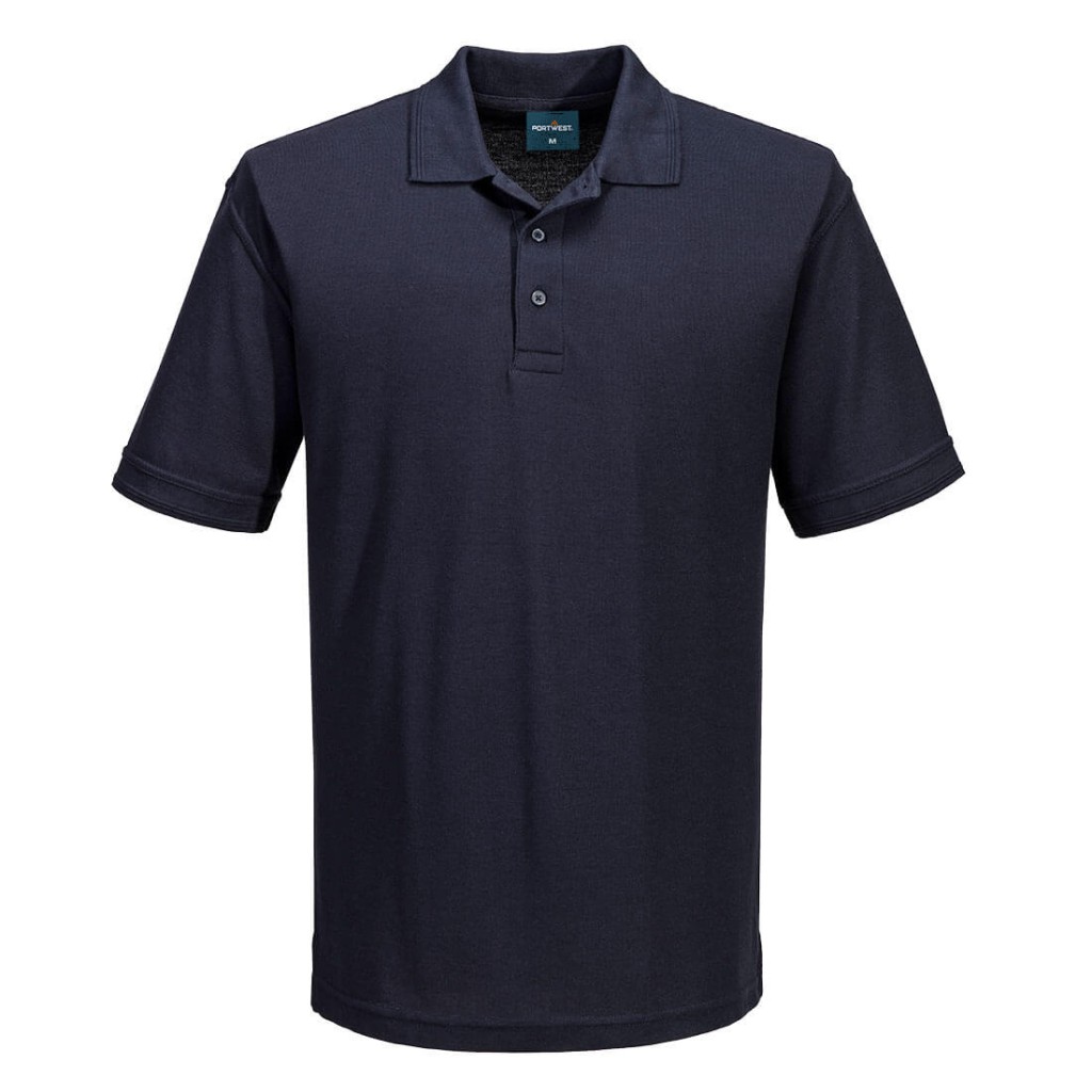 A navy blue polo shirt designed for use on construction sites and in industrial work environments.,