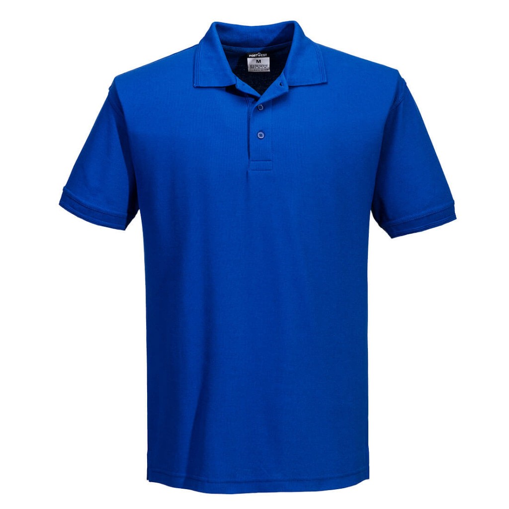 A blue polo shirt designed for use on construction sites and in industrial work environments.,