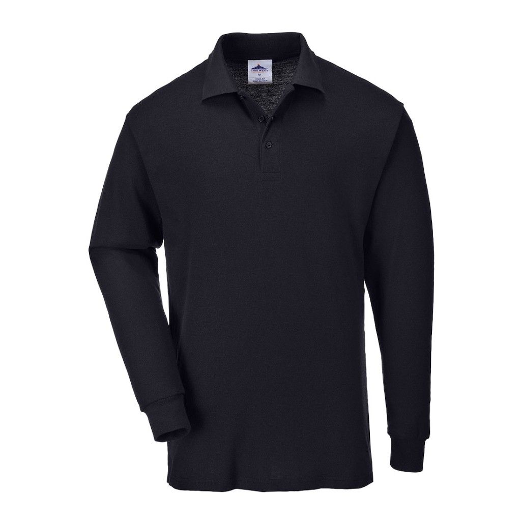 A black polo shirt designed for use on construction sites and in industrial work environments.,