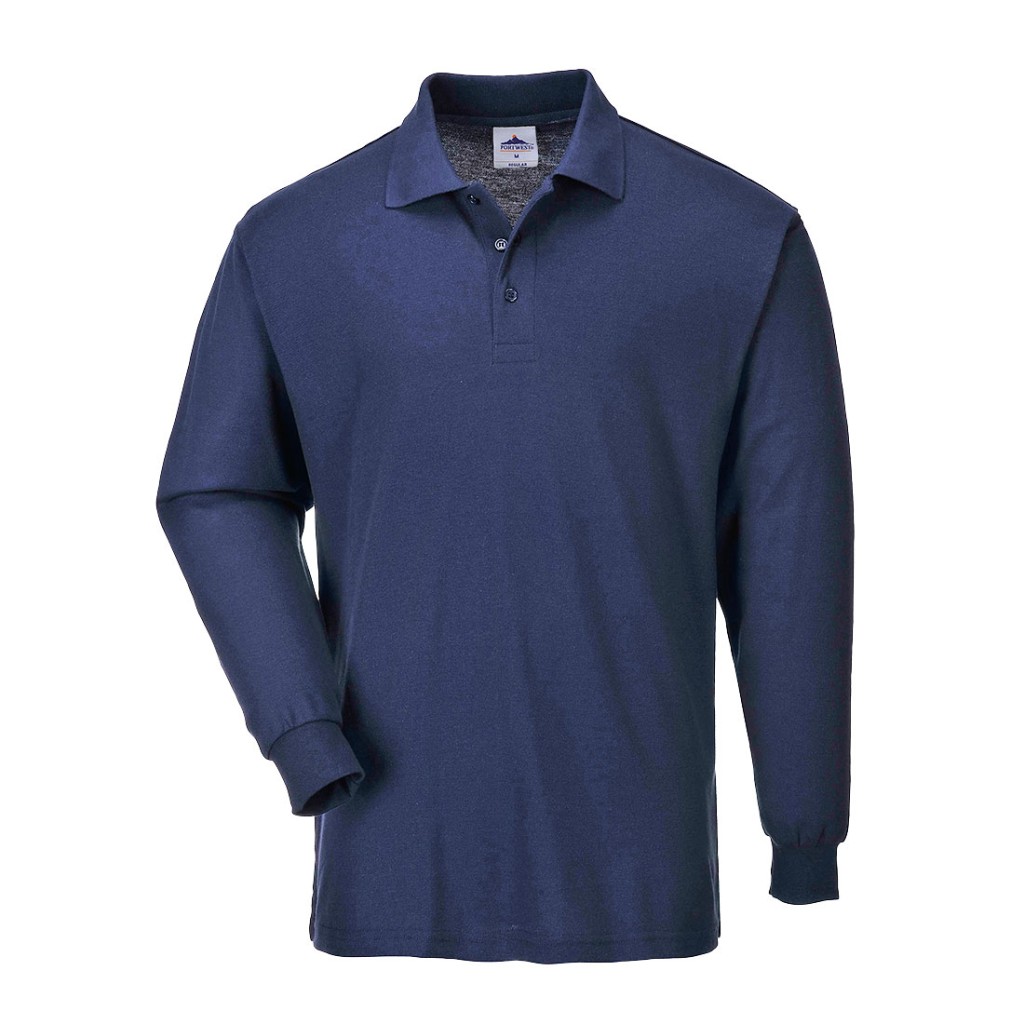 A navy blue polo shirt designed for use on construction sites and in industrial work environments.,
