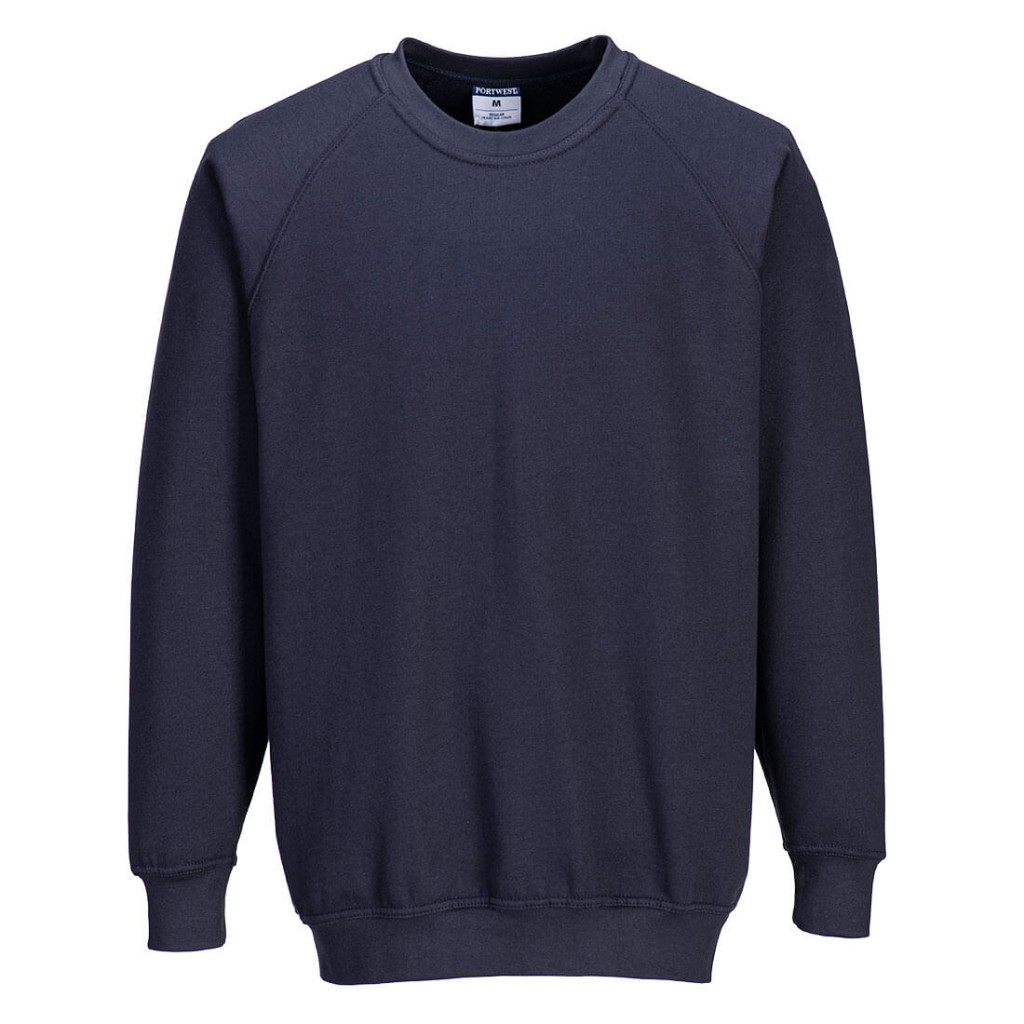 A navy blue work shirt designed for use on construction sites and in industrial work environments.,