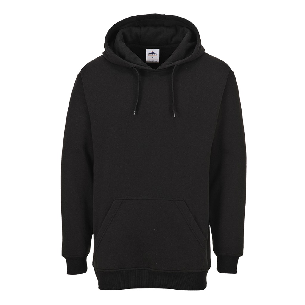 A black sweatshirt designed for use on construction sites and in industrial work environments.,