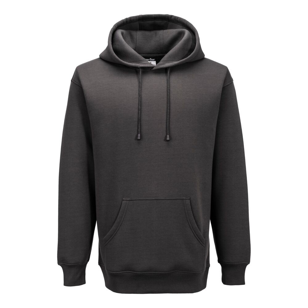 A grey sweatshirt designed for use on construction sites and in industrial work environments.,