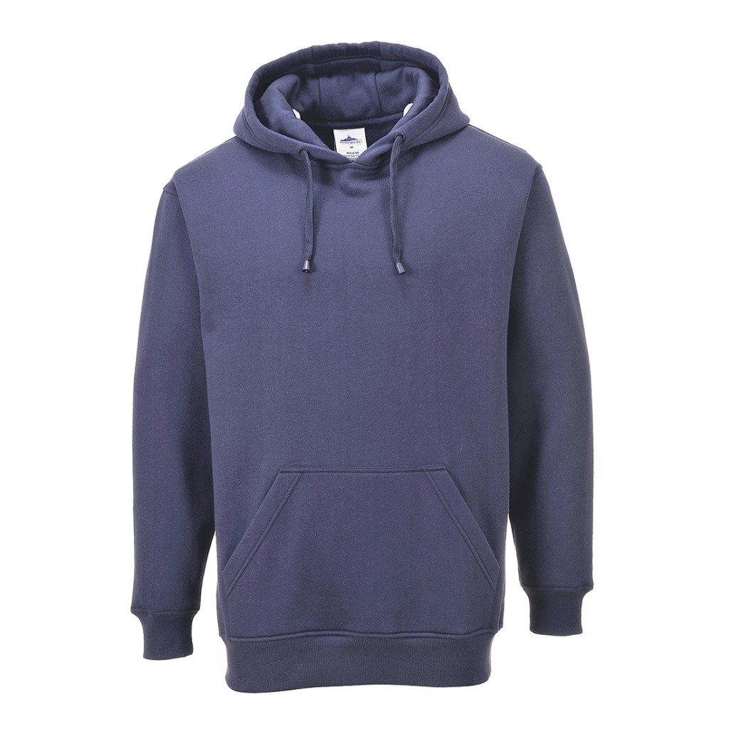 A navy blue sweatshirt designed for use on construction sites and in industrial work environments.,