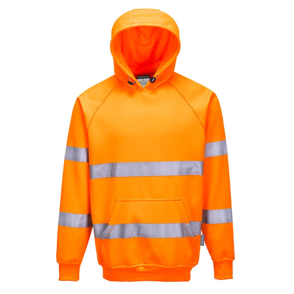 A high-visibility orange sweatshirt featuring retroreflective tape panels, suitable for a wide range of outdoor and site work applications.