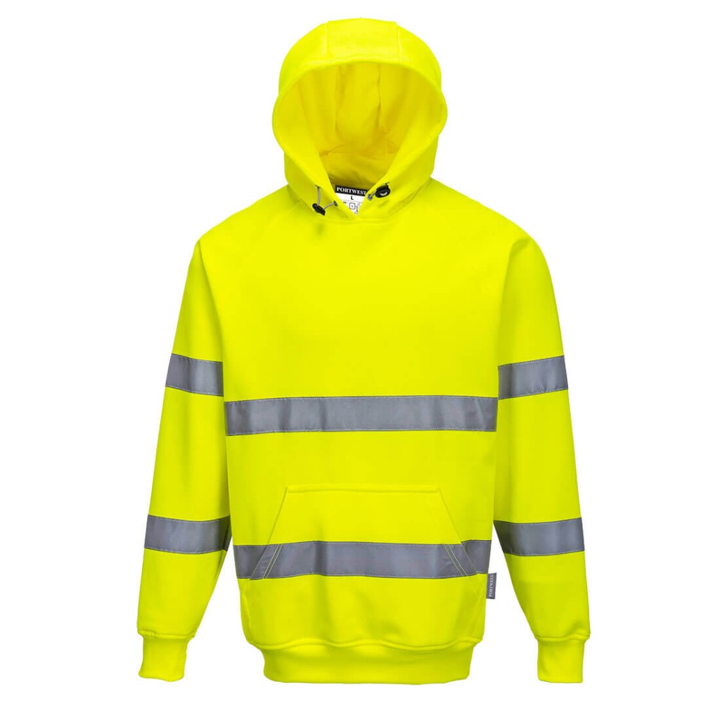 A high-visibility yellow sweatshirt featuring retroreflective tape panels, suitable for a wide range of outdoor and site work applications.
