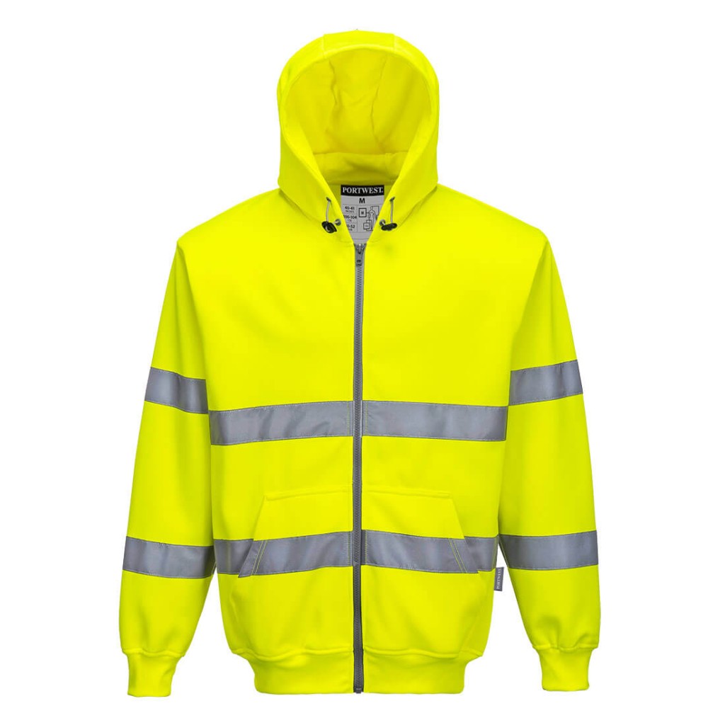 A high-visibility yellow sweatshirt featuring retroreflective tape panels, a full-length zip front, suitable for a wide range of outdoor and site work applications.