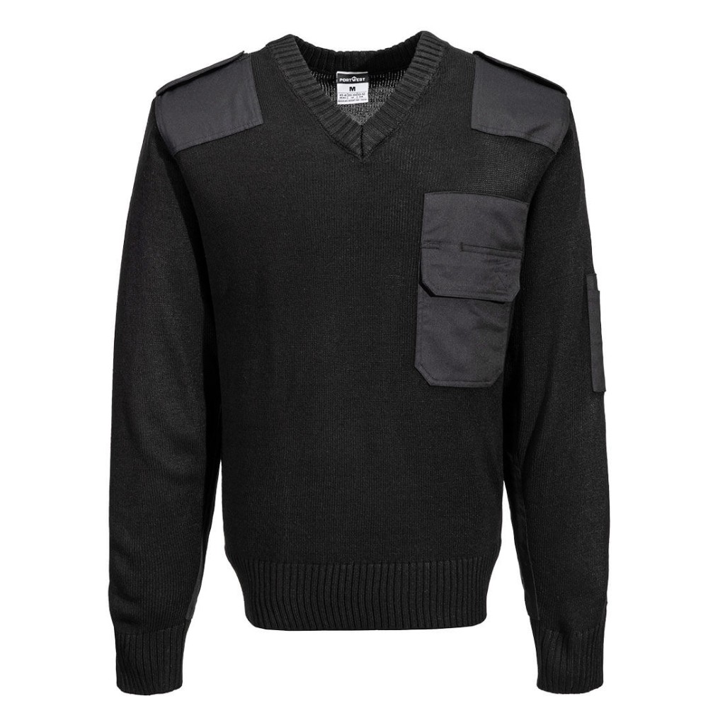 A black sweatshirt designed for use on construction sites and in industrial work environments.,