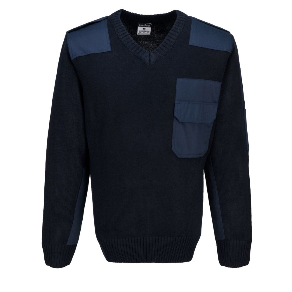 A navy blue sweatshirt designed for use on construction sites and in industrial work environments.,