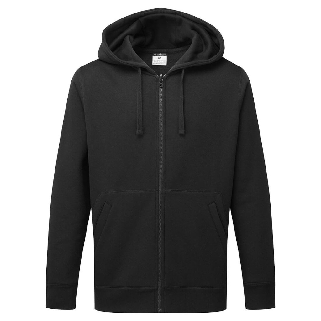 A black sweatshirt featuring a full-length zip front, suitable for a wide range of outdoor and site work applications.