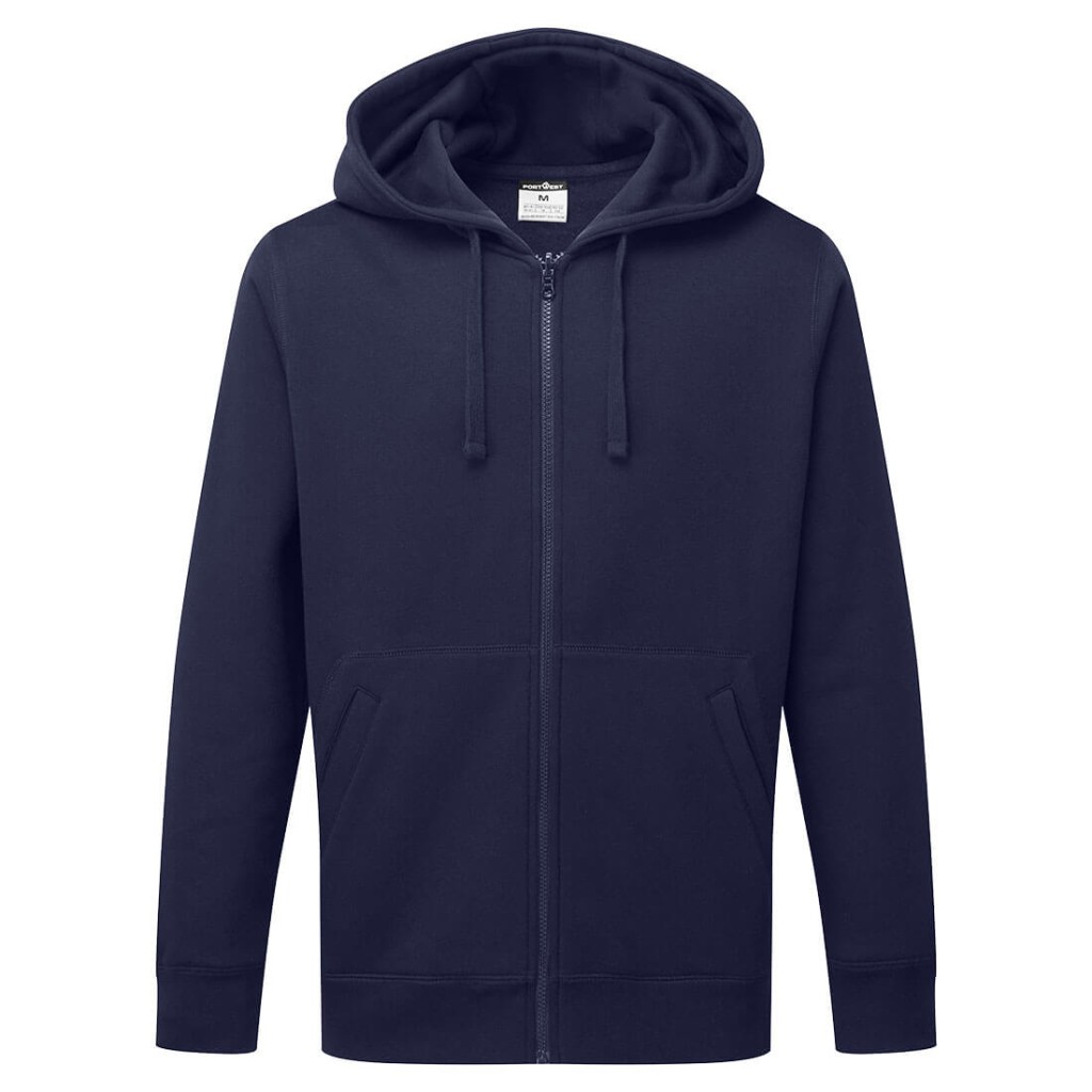 A navy blue sweatshirt featuring a full-length zip front, suitable for a wide range of outdoor and site work applications.