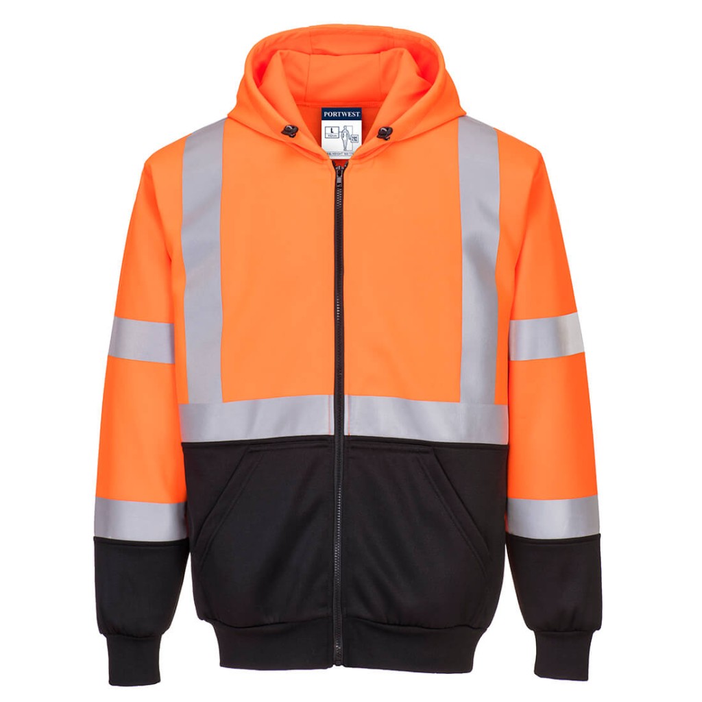 A high-visibility orange sweatshirt featuring retroreflective tape panels, a full-length zip front, suitable for a wide range of outdoor and site work applications.