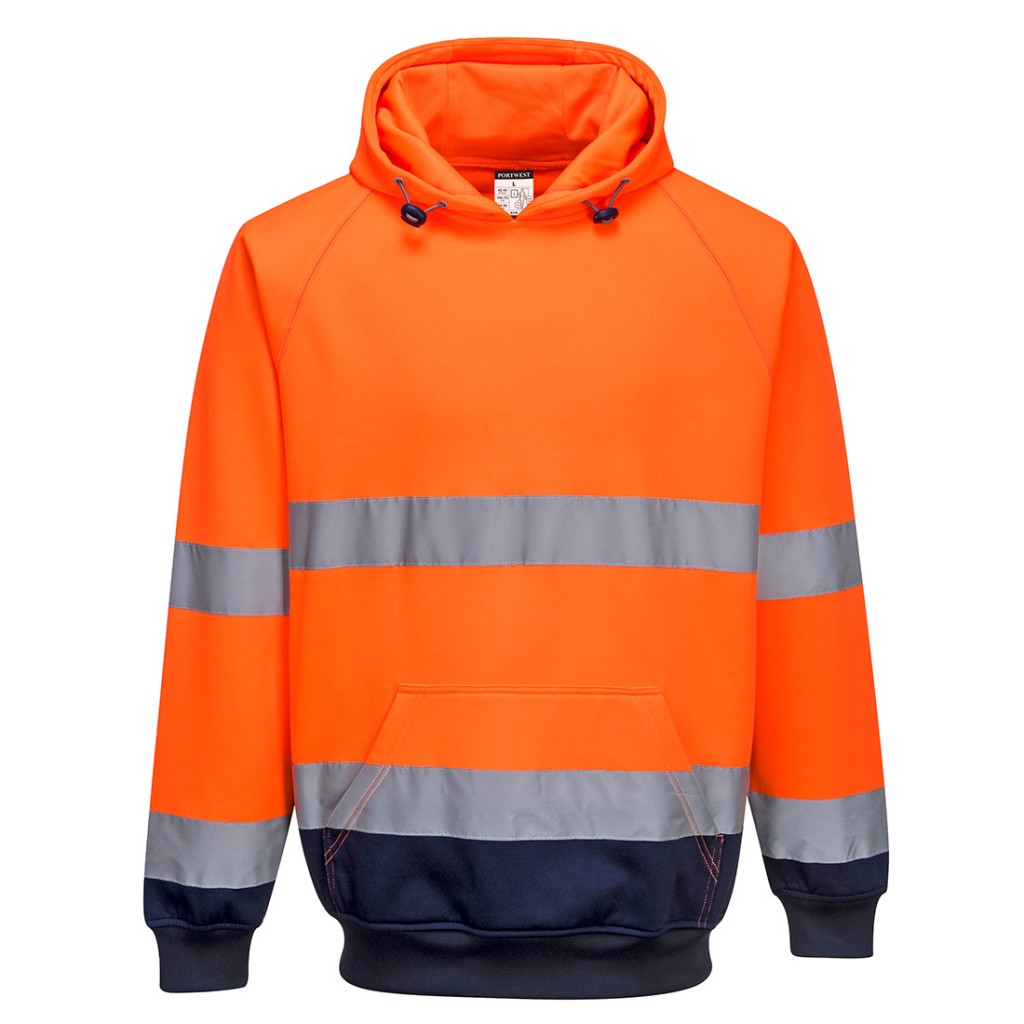A high-visibility orange sweatshirt featuring retroreflective tape panels, suitable for a wide range of outdoor and site work applications.