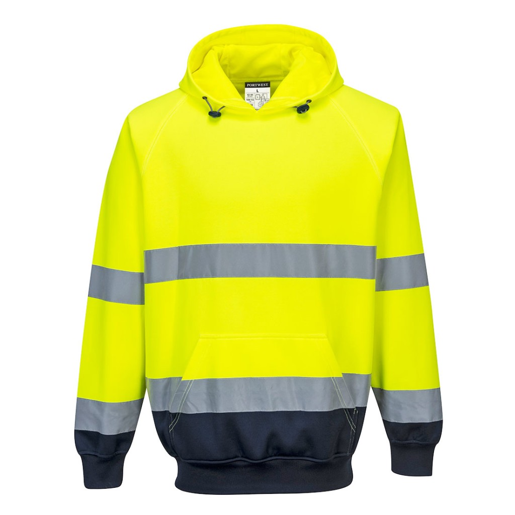 A high-visibility yellow sweatshirt featuring retroreflective tape panels, suitable for a wide range of outdoor and site work applications.