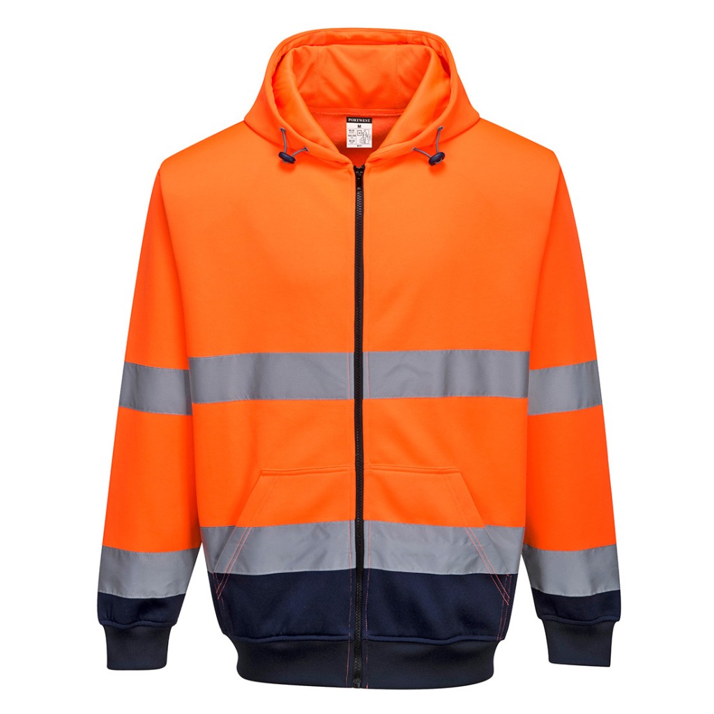 A high-visibility orange sweatshirt featuring retroreflective tape panels, a full-length zip front, suitable for a wide range of outdoor and site work applications.
