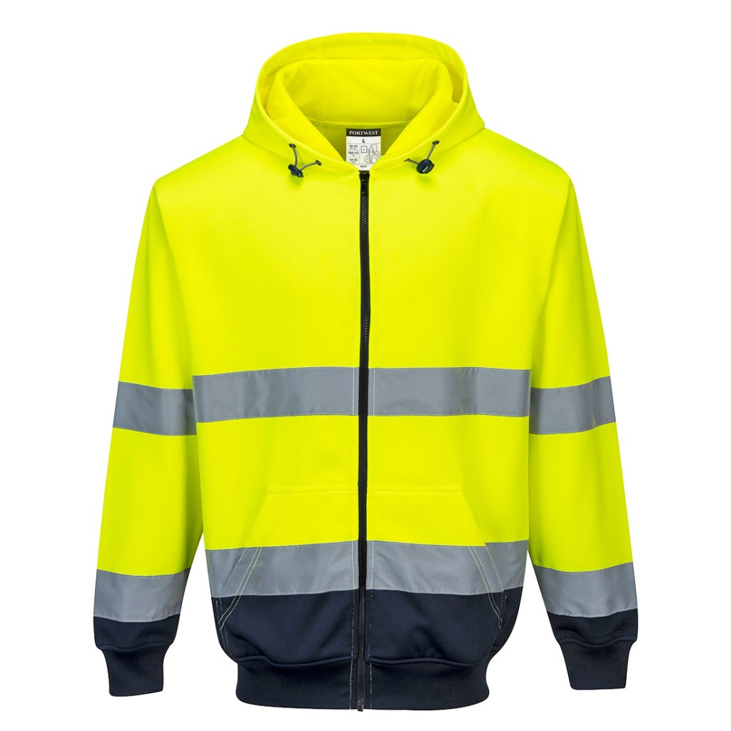 A high-visibility yellow sweatshirt featuring retroreflective tape panels, a full-length zip front, suitable for a wide range of outdoor and site work applications.