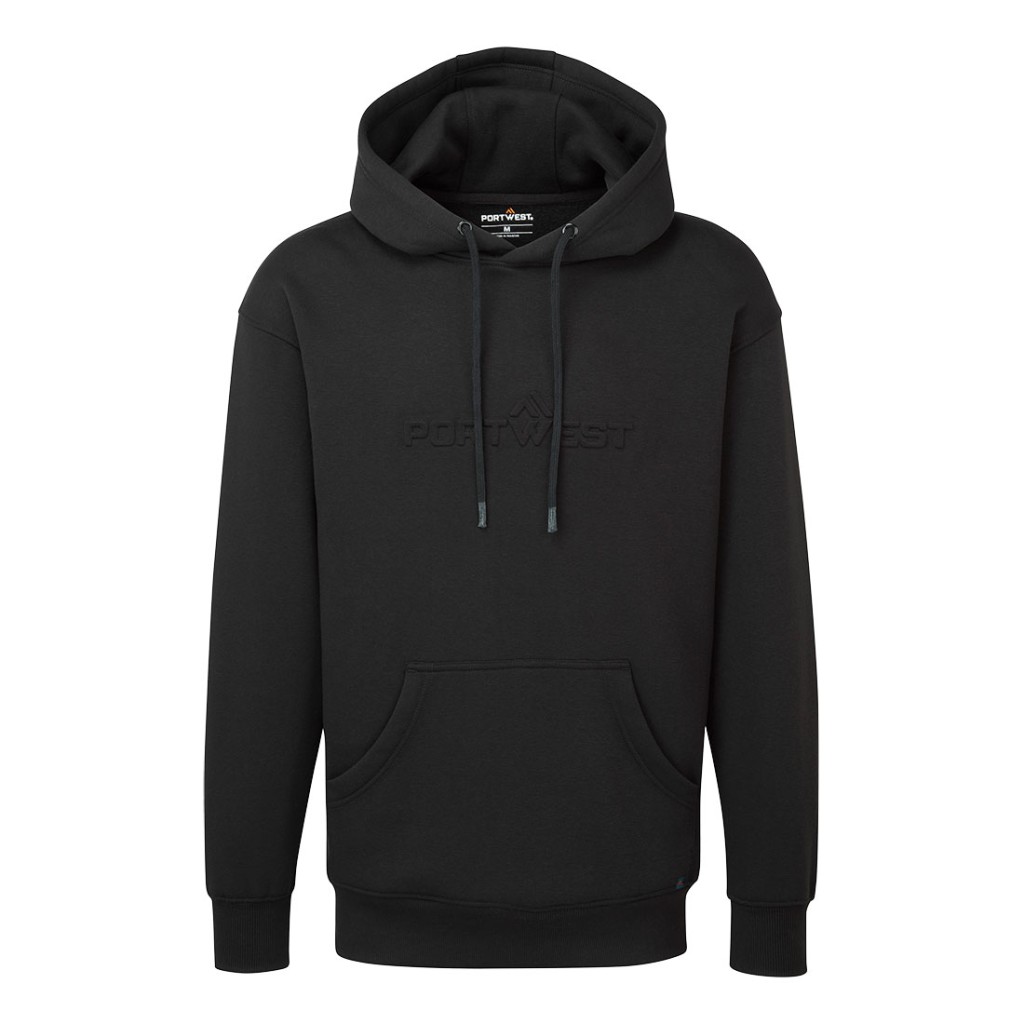 A black sweatshirt designed for use on construction sites and in industrial work environments.,