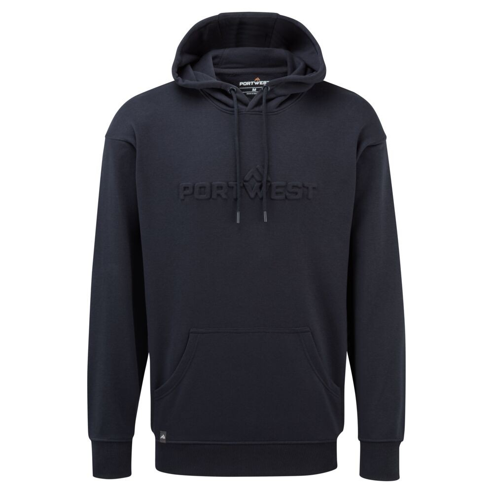A navy blue sweatshirt designed for use on construction sites and in industrial work environments.,