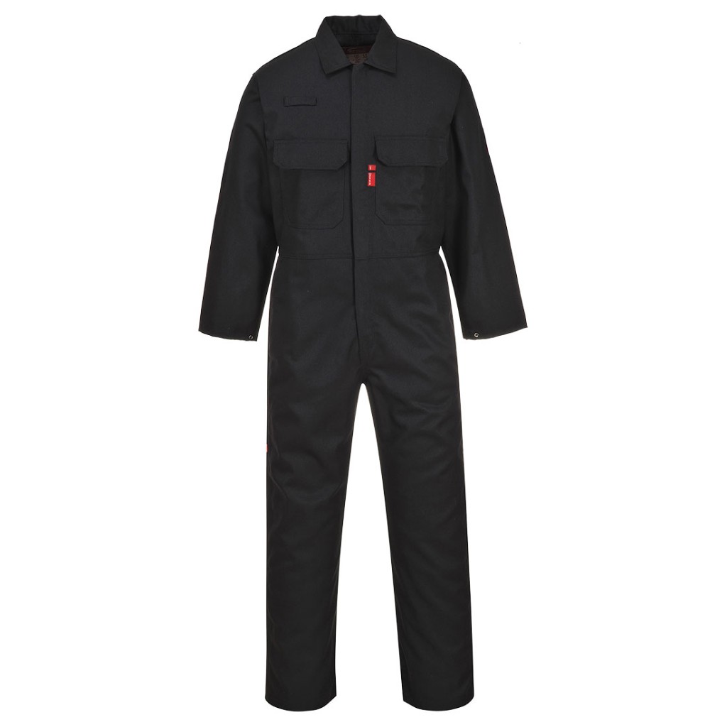 A black coverall featuring flame-resistant fabric, suitable for a wide range of outdoor and site work applications.