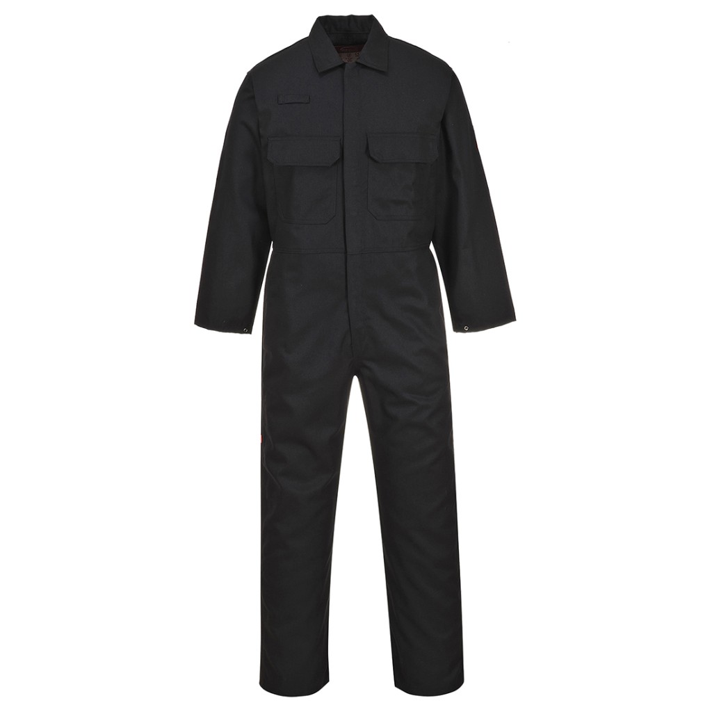 A black coverall featuring flame-resistant fabric, suitable for a wide range of outdoor and site work applications.