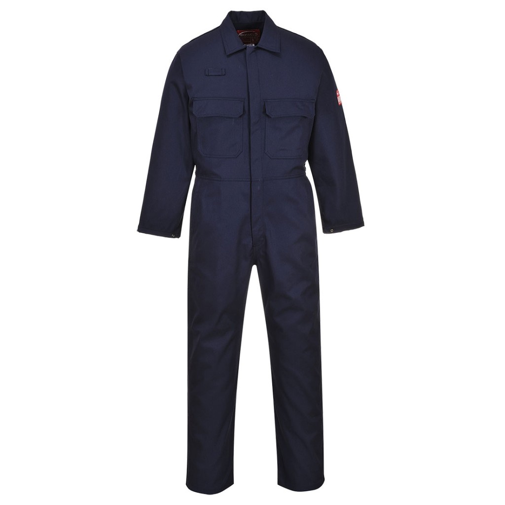 A navy blue coverall featuring flame-resistant fabric, suitable for a wide range of outdoor and site work applications.